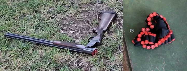 La escopeta y el cinturón porta cartuchos que el atacante le habría sustraído a su abuelo para realizar el tiroteo.