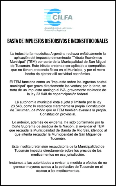 La industria farmacéutica le declara la guerra a un impuesto municipal en Tucumán
