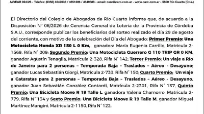 Sorteo del Día del Abogado: los ganadores que eligió el Colegio de Río Cuarto