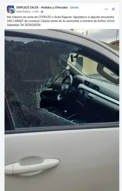 Le destrozaron la camioneta para robarle los documentos: pide ayuda para recuperarlos