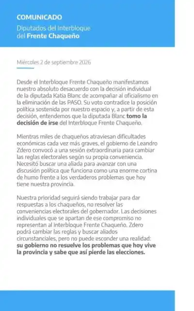 La oposición chaqueña estalló tras la suspensión de las PASO: "Ella tomó la decisión de irse"