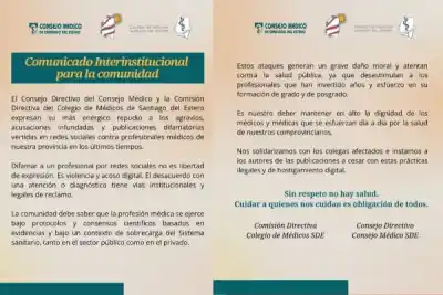 El duro comunicado de los médicos santiagueños contra el acoso digital
