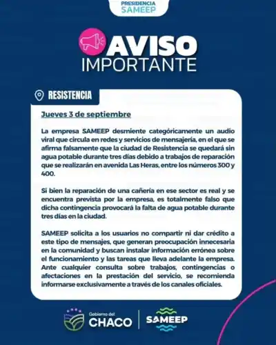 Circula un audio falso sobre un corte de agua de tres días en Resistencia: qué dijo Sameep