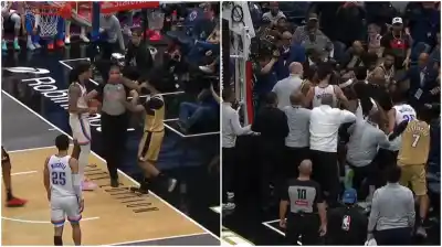 Caos en la NBA: Una pelea descontrolada terminó con jugadores entre el público y un camarógrafo bajo la turba