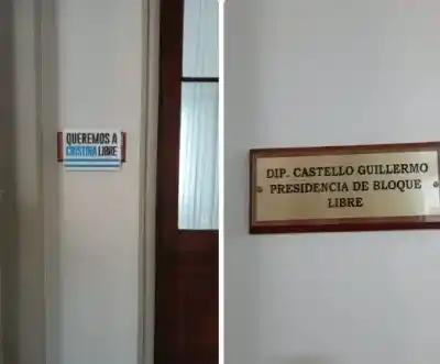 El despacho que Castello dejó en Diputados y ahora muestra un cartel que lo enfureció