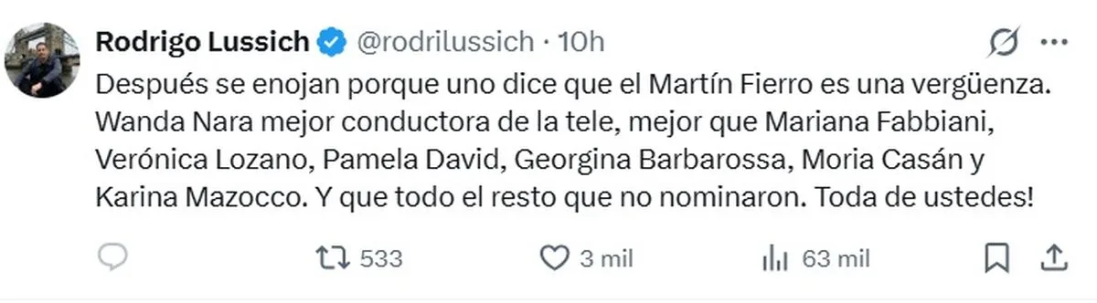Rodrigo Lussich furioso con el Martín Fierro a Wanda Nara