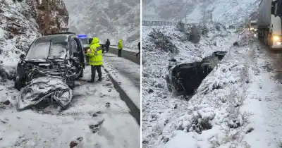 Manejaba una Kangoo en la Ruta 7, invadió el carril y el camión terminó volcado en un desnivel