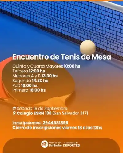 Bariloche se prepara para una jornada de tenis de mesa con una categoría que debuta en el cierre
