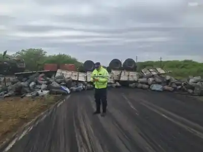 Volcó un camión con carbón en la Ruta 16 y el conductor terminó en el hospital
