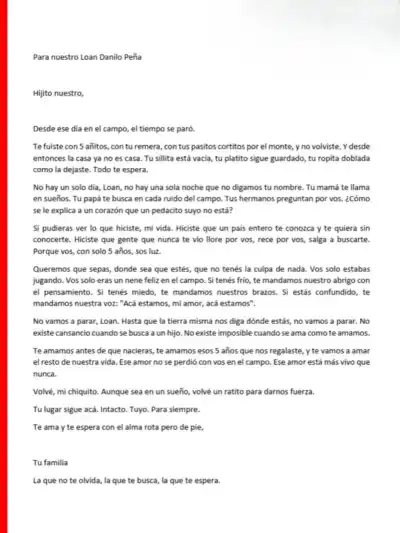 La carta que la familia de Loan escribió para quebrar el silencio: «Tu sillita está vacía»