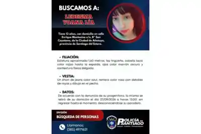 Salió de su casa en Añatuya con un short de jeans y no volvió: la busca toda la Policía