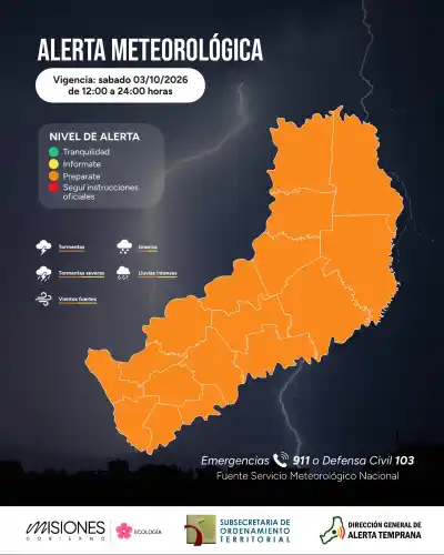 Alerta naranja en Misiones: ráfagas de más de 100 km/h y granizo para esta tarde