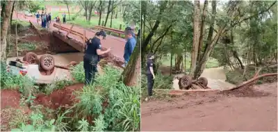 Manejaba una Hilux en Iguazú, perdió el control en un puente y terminó dentro del agua