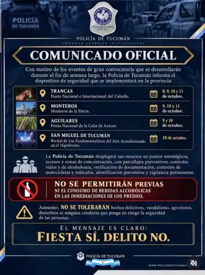 Fin de semana largo en Tucumán: la Policía no dejará ni una "previa" en los festivales