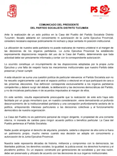 El Partido Socialista de Tucumán estalló contra un acto en su propia sede: "La Casa del Pueblo no es patrimonio personal de ningún dirigente"