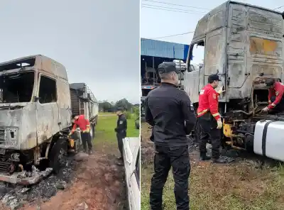 Investigan el incendio de un camión en San Vicente: las cámaras captaron a dos encapuchados