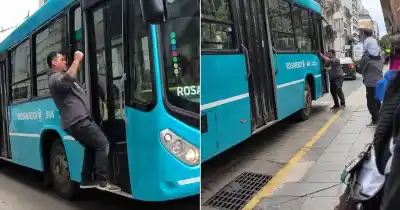 Video: corrió el colectivo en pleno centro y destrozó la puerta a puñetazos