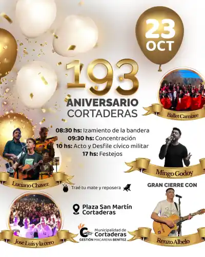 Cortaderas sopla 193 velitas: el desfile y los shows que preparan para el 23