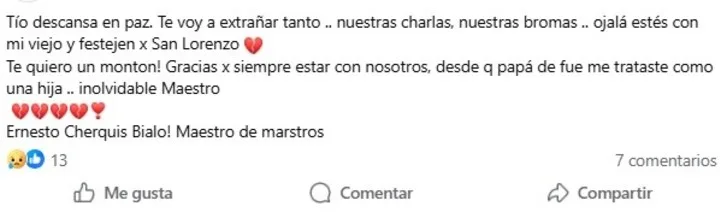 La muerte de Cherquis Bialo. La despedida de Marina, una de sus sobrinas en una publicación en Facebook.
