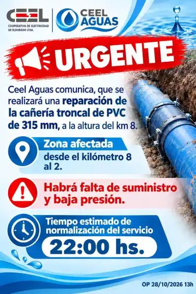 Cortan el agua en Eldorado por una reparación en el kilómetro 8: qué zonas quedan sin servicio