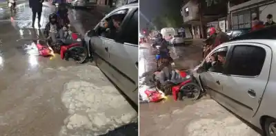 El pavimento cedió en avenida Roca y desató un choque entre un auto y una moto