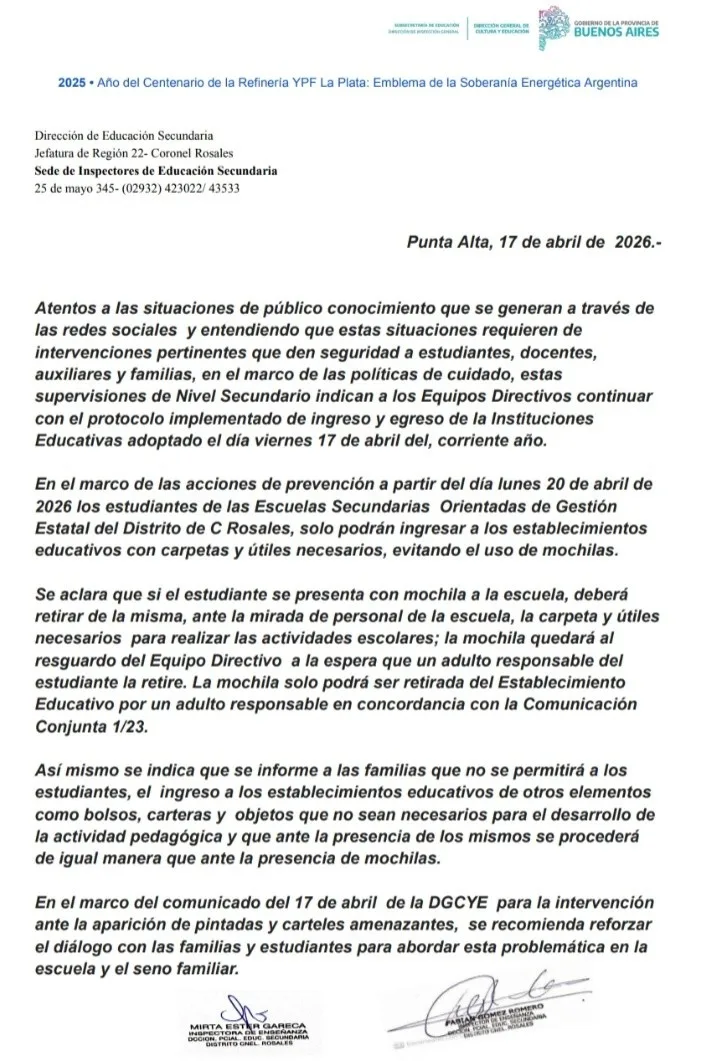 comunicado mochila rosales