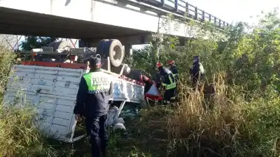 Perdió el control y su camión se precipitó desde un puente: el conductor está grave
