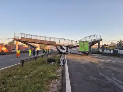 Un camión se cruzó de carril, chocó un puente peatonal y lo derrumbó por completo