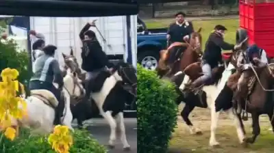 Festejos del 25 de Mayo en Berazategui: dos jinetes se pelearon a rebencazos frente a cientos de familias