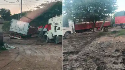 Intentó esquivar un arco de altura y su camión quedó enterrado en el barro: el insólito rescate