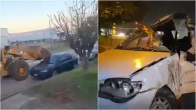 Manejaba una retroexcavadora borracho en Concordia: chocó siete autos y levantó una camioneta con la pala