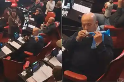 Sacó una vuvuzela en el Senado bonaerense y cantó el feliz cumpleaños a Messi: la insólita escena