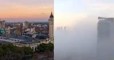 Niebla y sol en Rosario: dos postales de un mismo lunes separadas por 30 cuadras