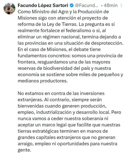 El ministro del Agro de Misiones se planta contra la reforma que facilitaría la extranjerización de tierras