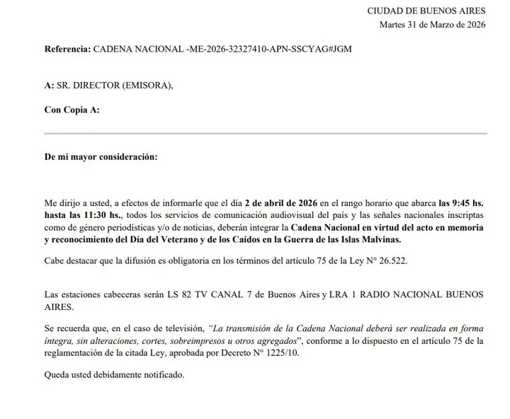 El anuncio oficial de la cadena nacional.