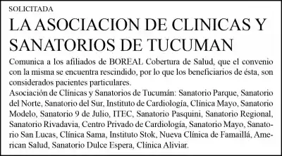 Atención afiliados de Boreal: el convenio con clínicas de Tucumán se cayó y ahora son pacientes particulares