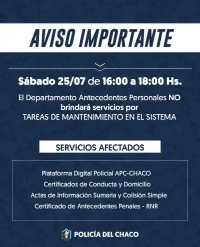 Atención: por tareas de actualización, varios servicios de Antecedentes Personales quedarán fuera de línea este sábado