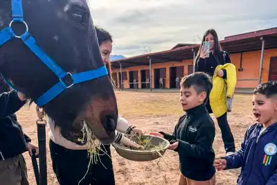 Sonrisas y caballos: la visita que emocionó a los chicos de la ENI Nº14