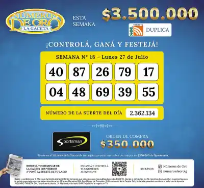 ¿Tenés el Número de Oro de LA GACETA de hoy? Conocé los ganadores del 27 de julio