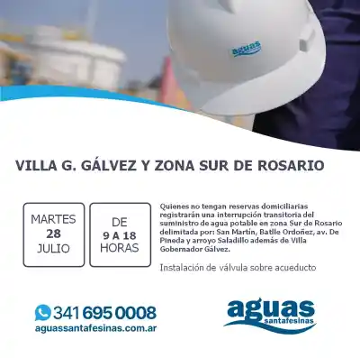Villa Gobernador Gálvez y zona sur de Rosario se quedan sin agua este martes: conocé los detalles