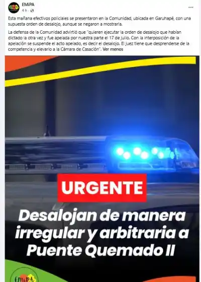 Policía llegó con una orden de desalojo y la comunidad mbya asegura que no era válida