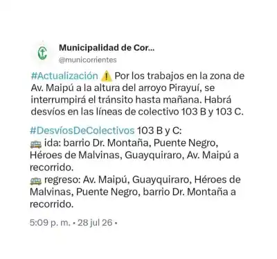 Atención pasajeros: por obras en Maipú, cambian el recorrido de las líneas 103 B y 103 C