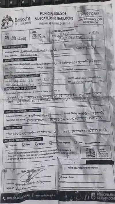 Circula una falsa multa en Bariloche: la Municipalidad advierte que no la emitió