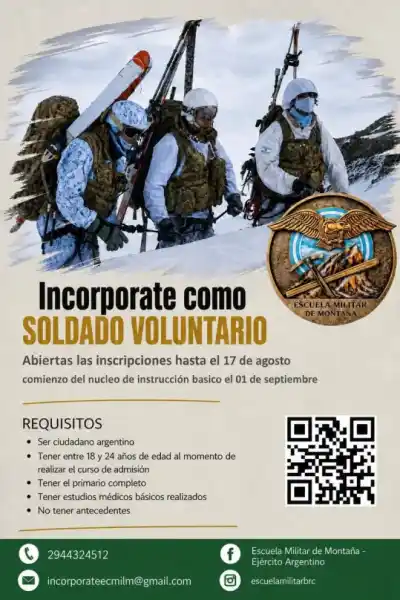 Jóvenes de 18 a 24 años: la Escuela Militar de Montaña ya tiene fecha para sumar soldados