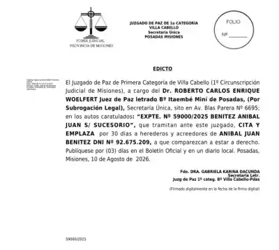 Justicia de Villa Cabello busca a los herederos de ANIBAL JUAN BENITEZ: ¿tenés algún reclamo?