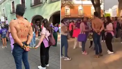 Marcha del 8M: el inesperado encuentro que dejó en evidencia a un hombre con el torso desnudo