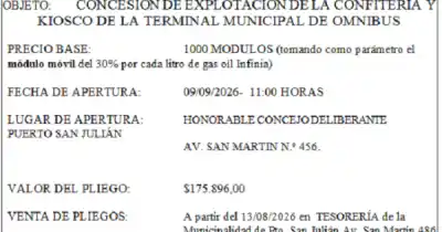 Puerto San Julián busca concesionario para la confitería y kiosco de la terminal de ómnibus