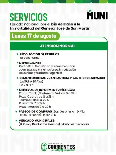 Feriado del lunes en Corrientes: el detalle de los servicios que no se suspenden