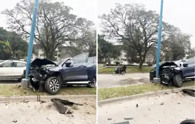 Susto y destrozos en avenida Belgrano: una camioneta terminó contra un árbol y un poste