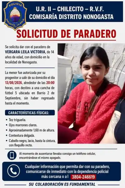 Desaparición en Nonogasta: buscan a Leila Victoria Vergara, de 14 años